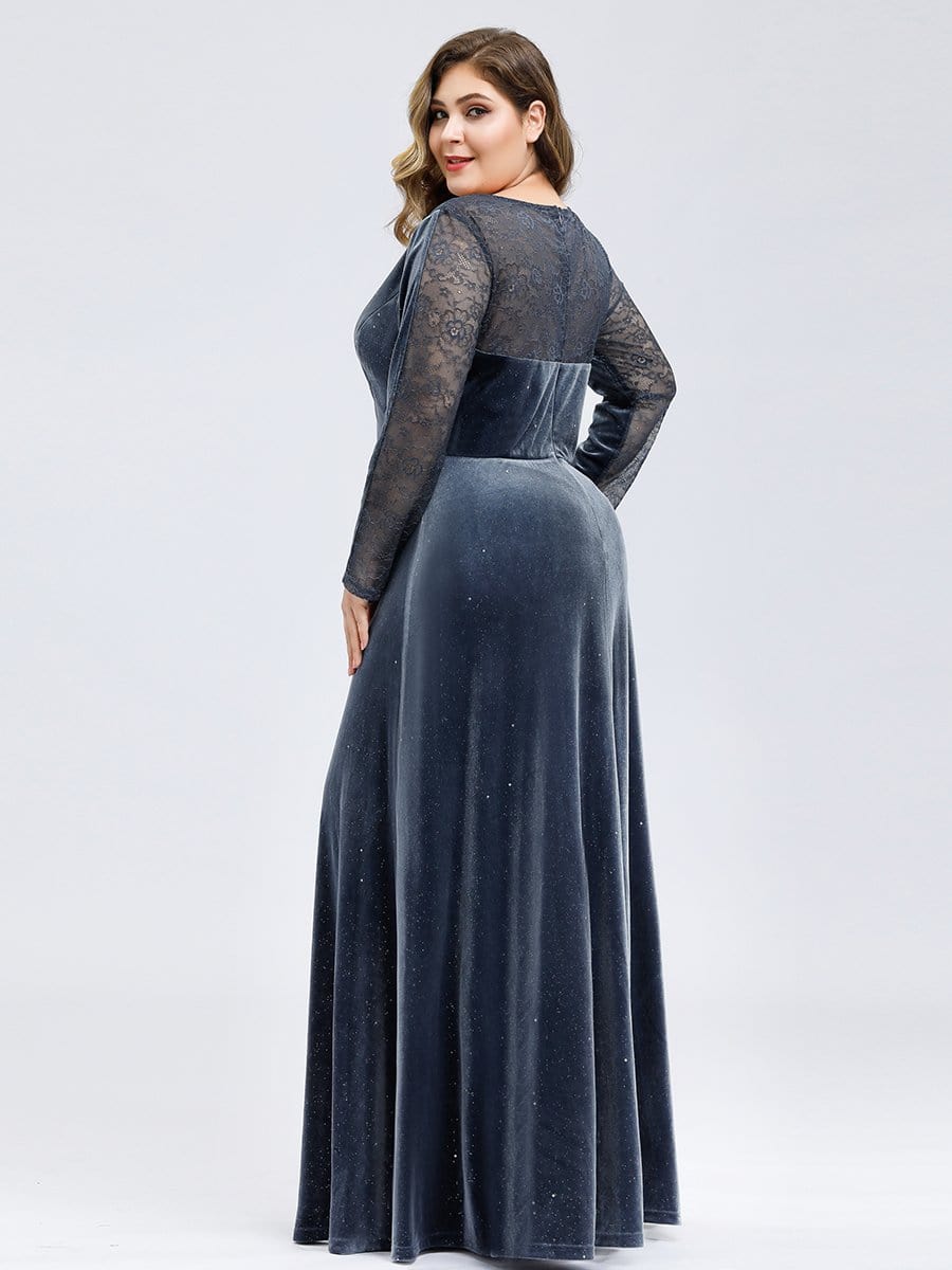 Color=Dusty Navy | Women's V-Neck Velvet Floor Length Evening Dress-Dusty Navy 2