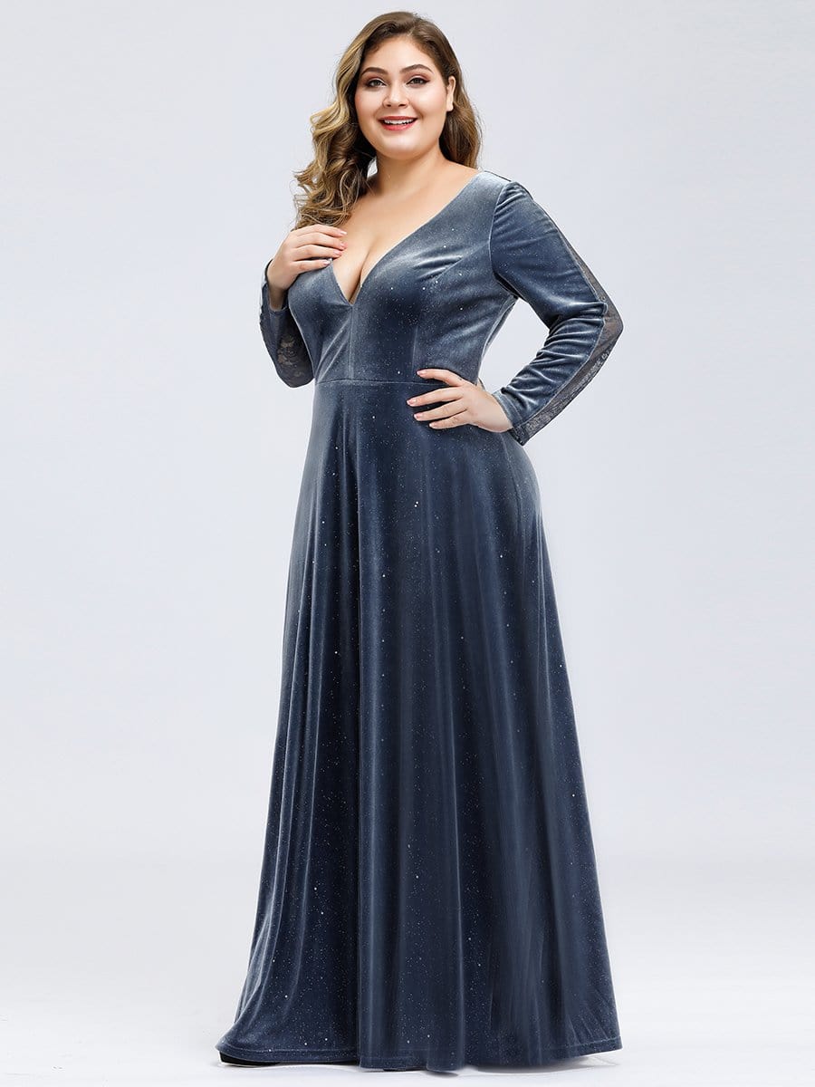 Color=Dusty Navy | Women's V-Neck Velvet Floor Length Evening Dress-Dusty Navy 3