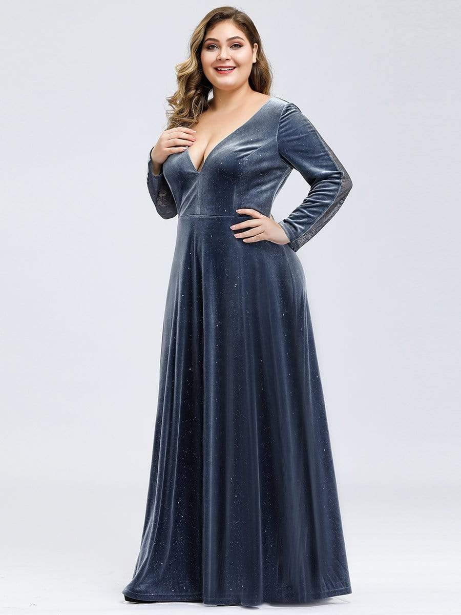 Color=Dusty Navy | Women'S V-Neck Velvet Floor Length Evening Dress-Dusty Navy 7