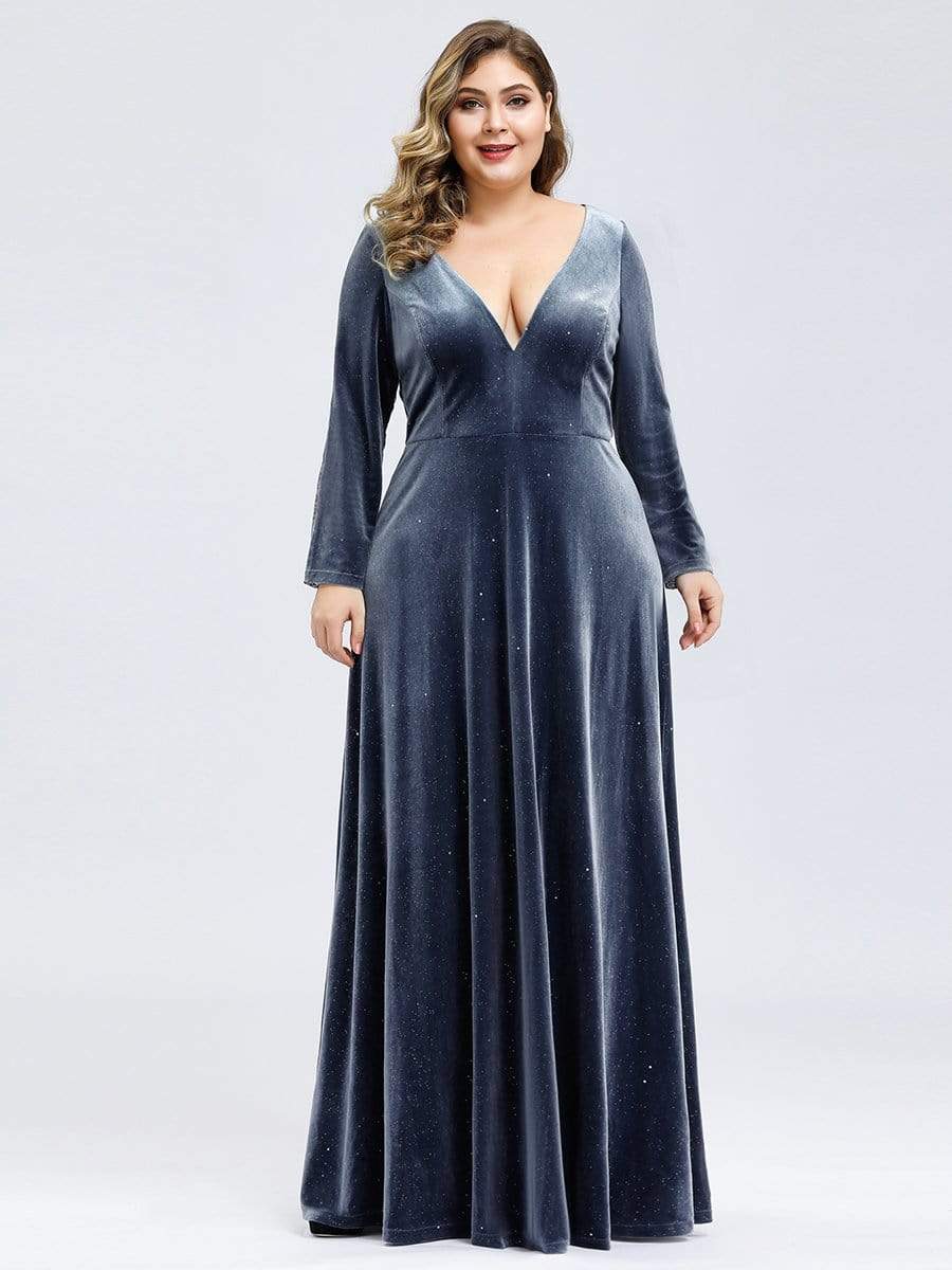 Color=Dusty Navy | Women'S V-Neck Velvet Floor Length Evening Dress-Dusty Navy 8