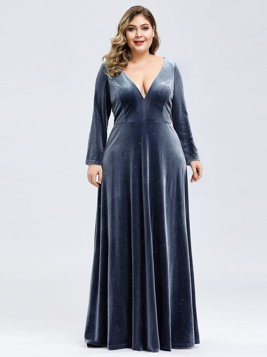 Color=Dusty Navy | Women's V-Neck Velvet Floor Length Evening Dress-Dusty Navy 4