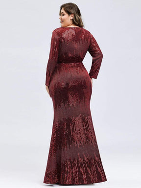 Color=Burgundy | Plus Size Women'S Deep V-Neck Sequin Evening Dress With Long Sleeve-Burgundy 4