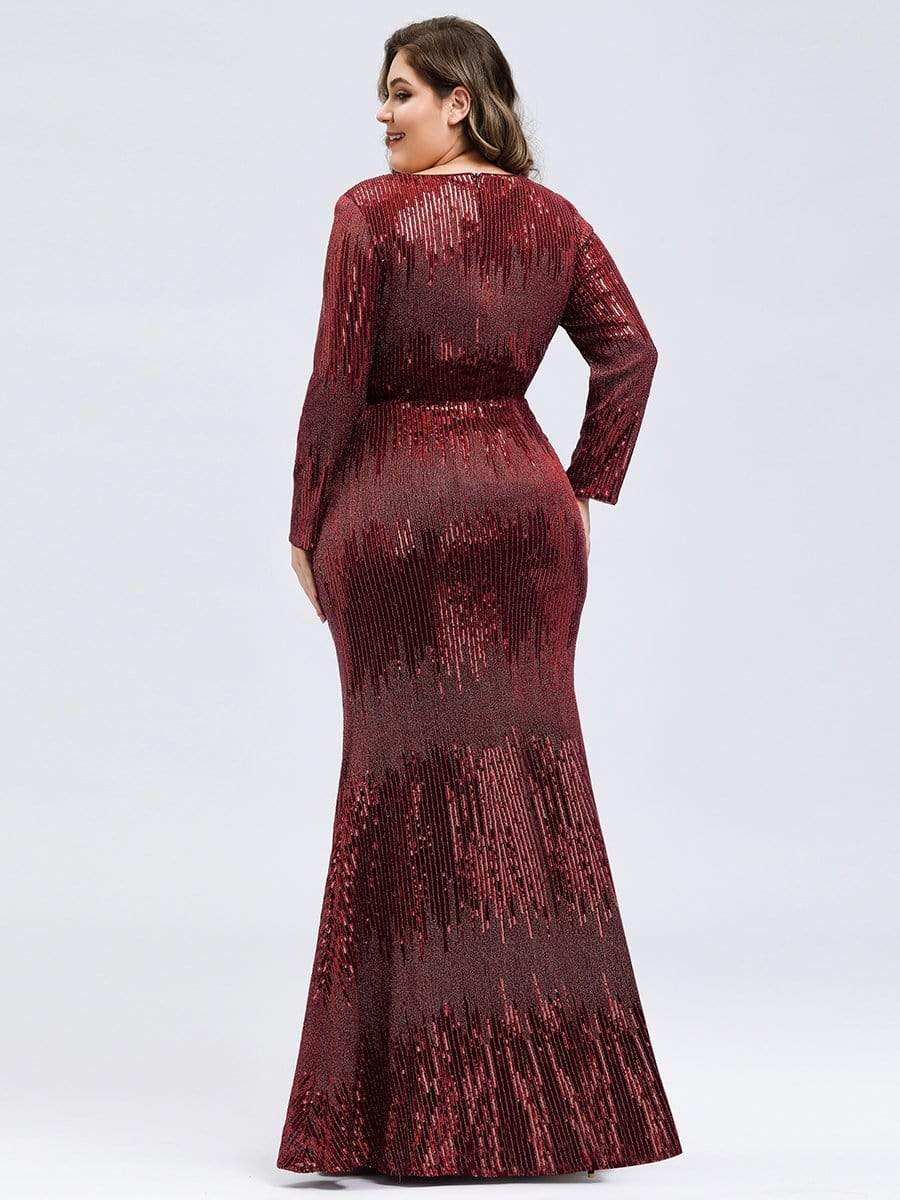 Color=Burgundy | Women'S Deep V-Neck Sequin Evening Dress With Long Sleeve-Burgundy 9