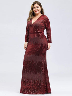 Color=Burgundy | Women'S Deep V-Neck Sequin Evening Dress With Long Sleeve-Burgundy 7