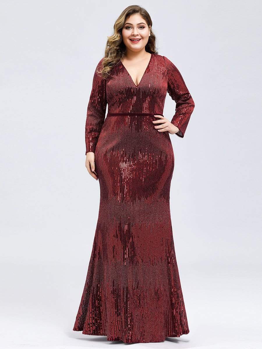 Color=Burgundy | Plus Size Women'S Deep V-Neck Sequin Evening Dress With Long Sleeve-Burgundy 3