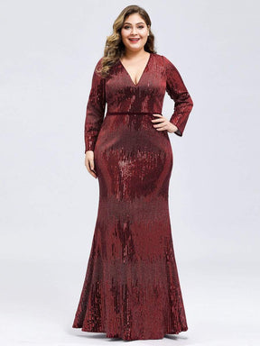 Color=Burgundy | Women'S Deep V-Neck Sequin Evening Dress With Long Sleeve-Burgundy 8