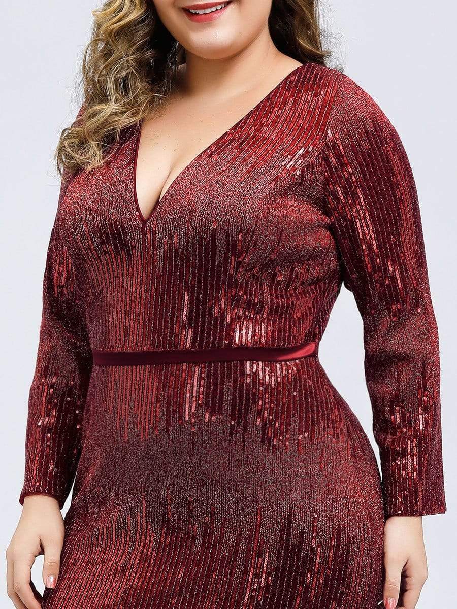 Color=Burgundy | Women'S Deep V-Neck Sequin Evening Dress With Long Sleeve-Burgundy 10