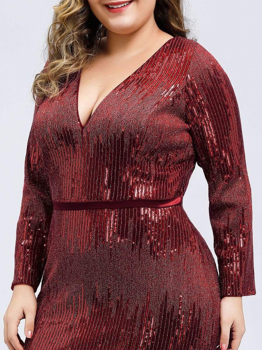 Color=Burgundy | Plus Size Women'S Deep V-Neck Sequin Evening Dress With Long Sleeve-Burgundy 5