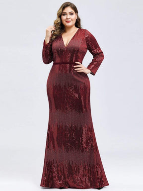 Color=Burgundy | Plus Size Women'S Deep V-Neck Sequin Evening Dress With Long Sleeve-Burgundy 1