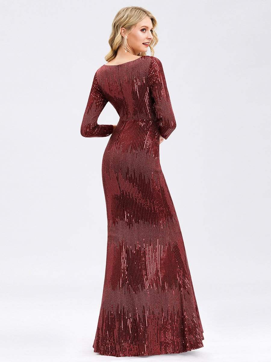 Color=Burgundy | Women'S Deep V-Neck Sequin Evening Dress With Long Sleeve-Burgundy 4