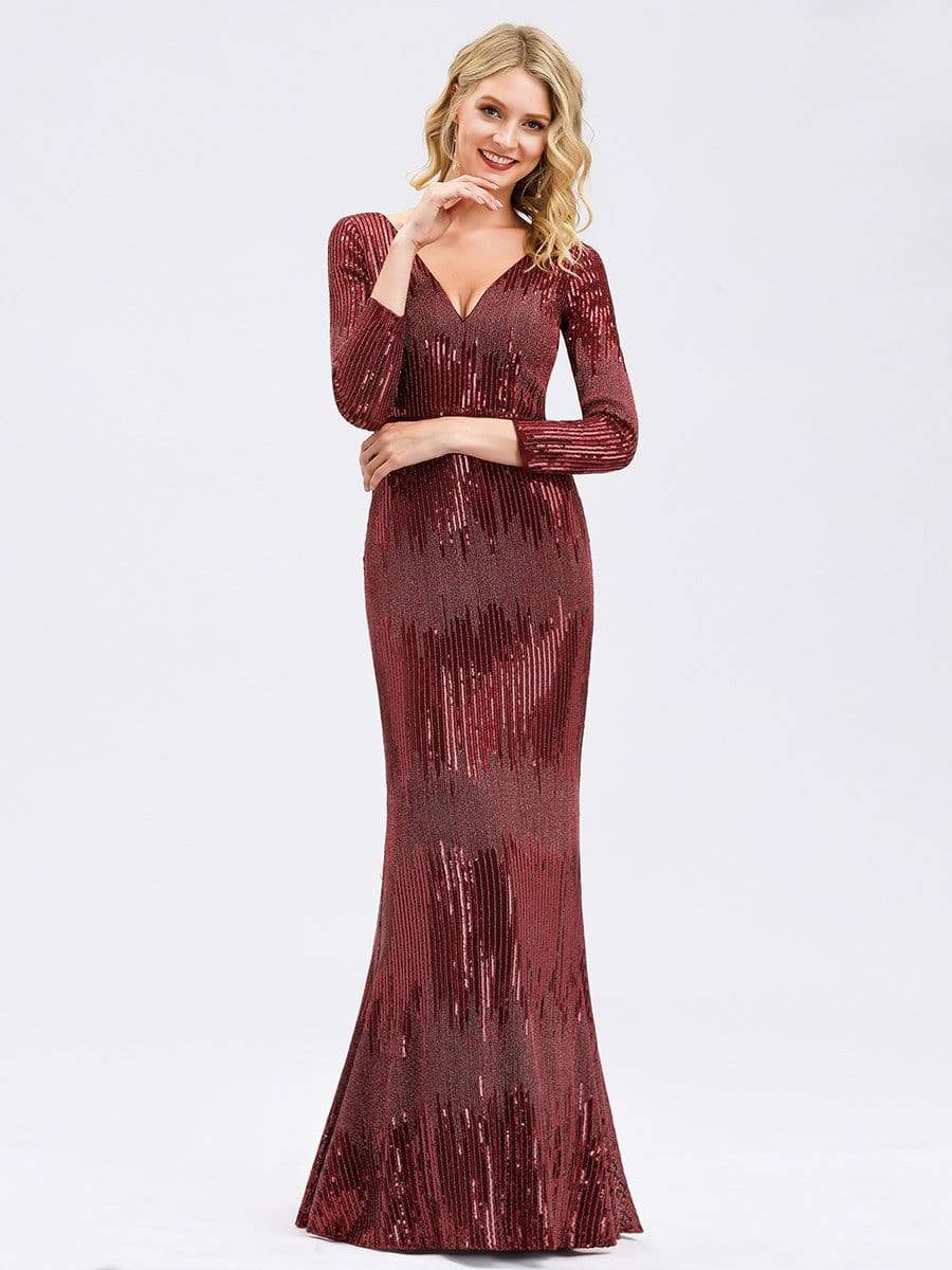 Color=Burgundy | Women'S Deep V-Neck Sequin Evening Dress With Long Sleeve-Burgundy 2