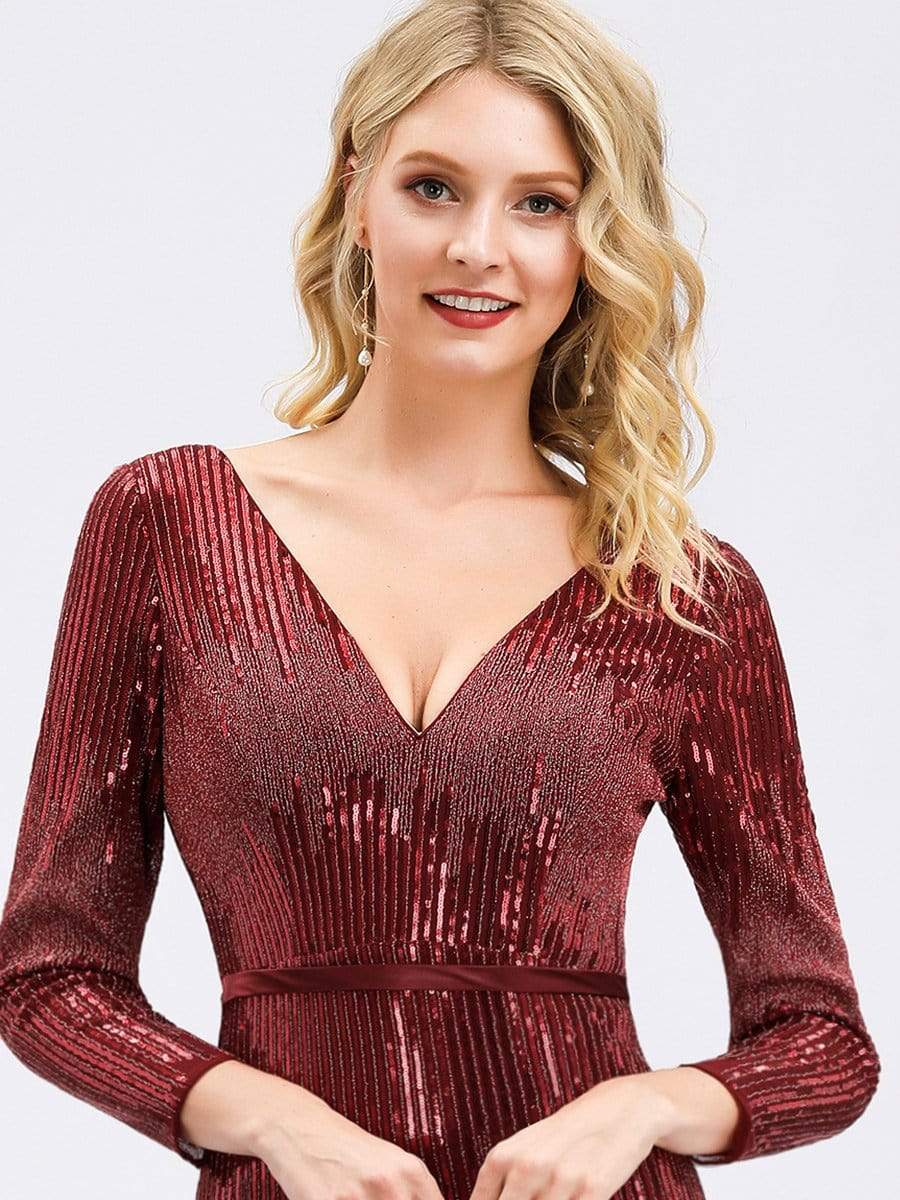 Color=Burgundy | Women'S Deep V-Neck Sequin Evening Dress With Long Sleeve-Burgundy 5