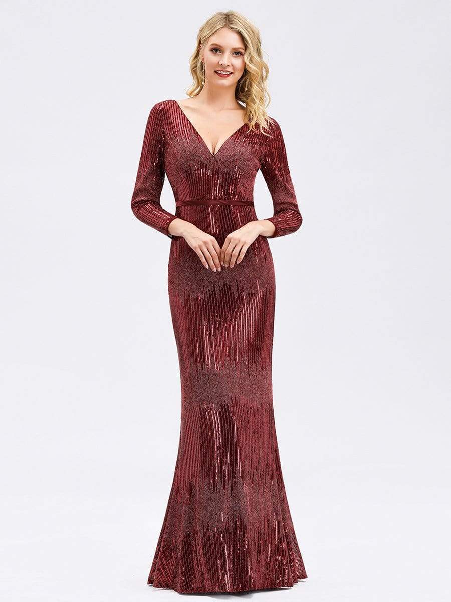 Color=Burgundy | Women'S Deep V-Neck Sequin Evening Dress With Long Sleeve-Burgundy 1