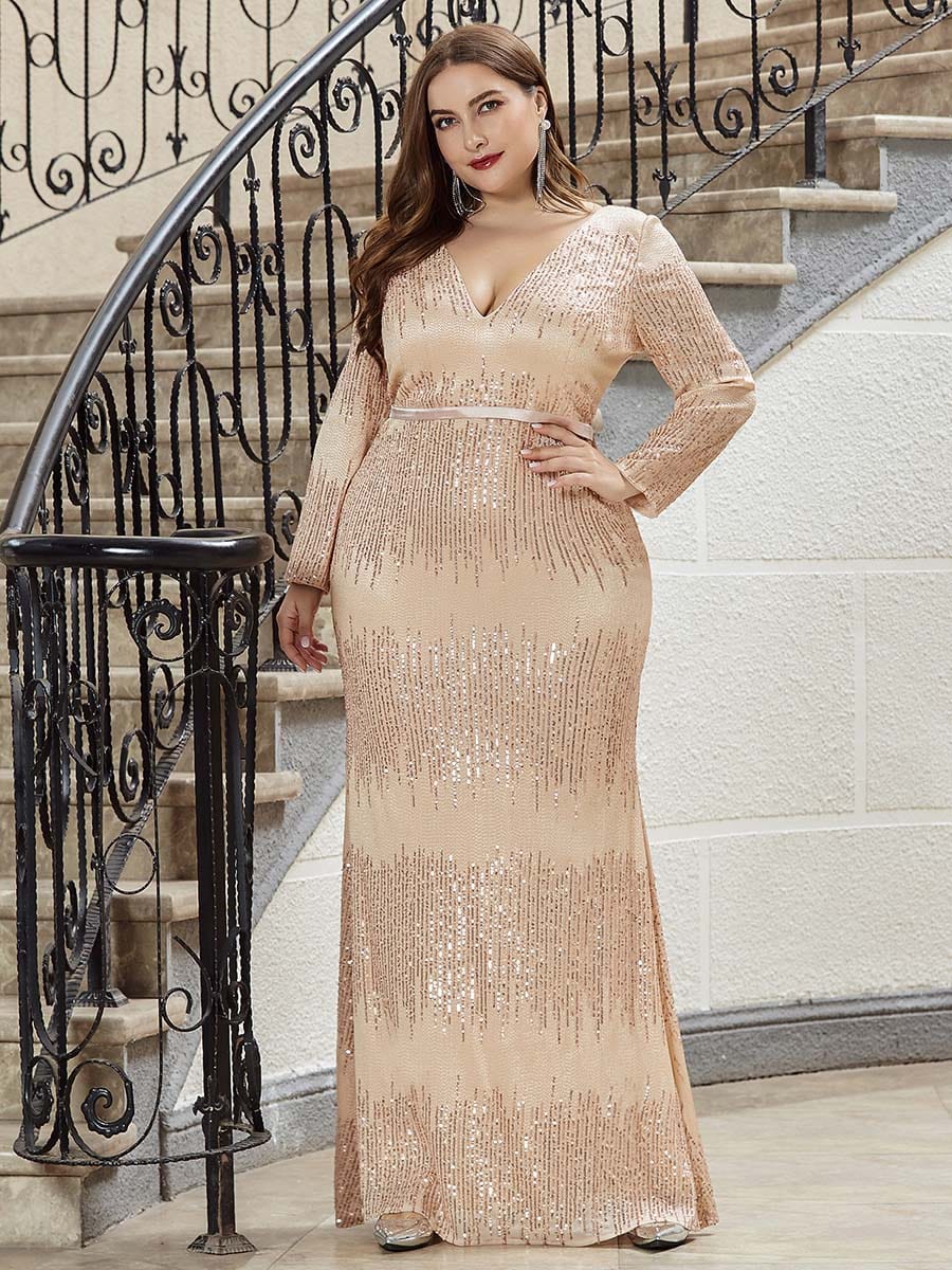 Color=Rose Gold | Women'S Deep V-Neck Sequin Evening Dress With Long Sleeve-Rose Gold 8