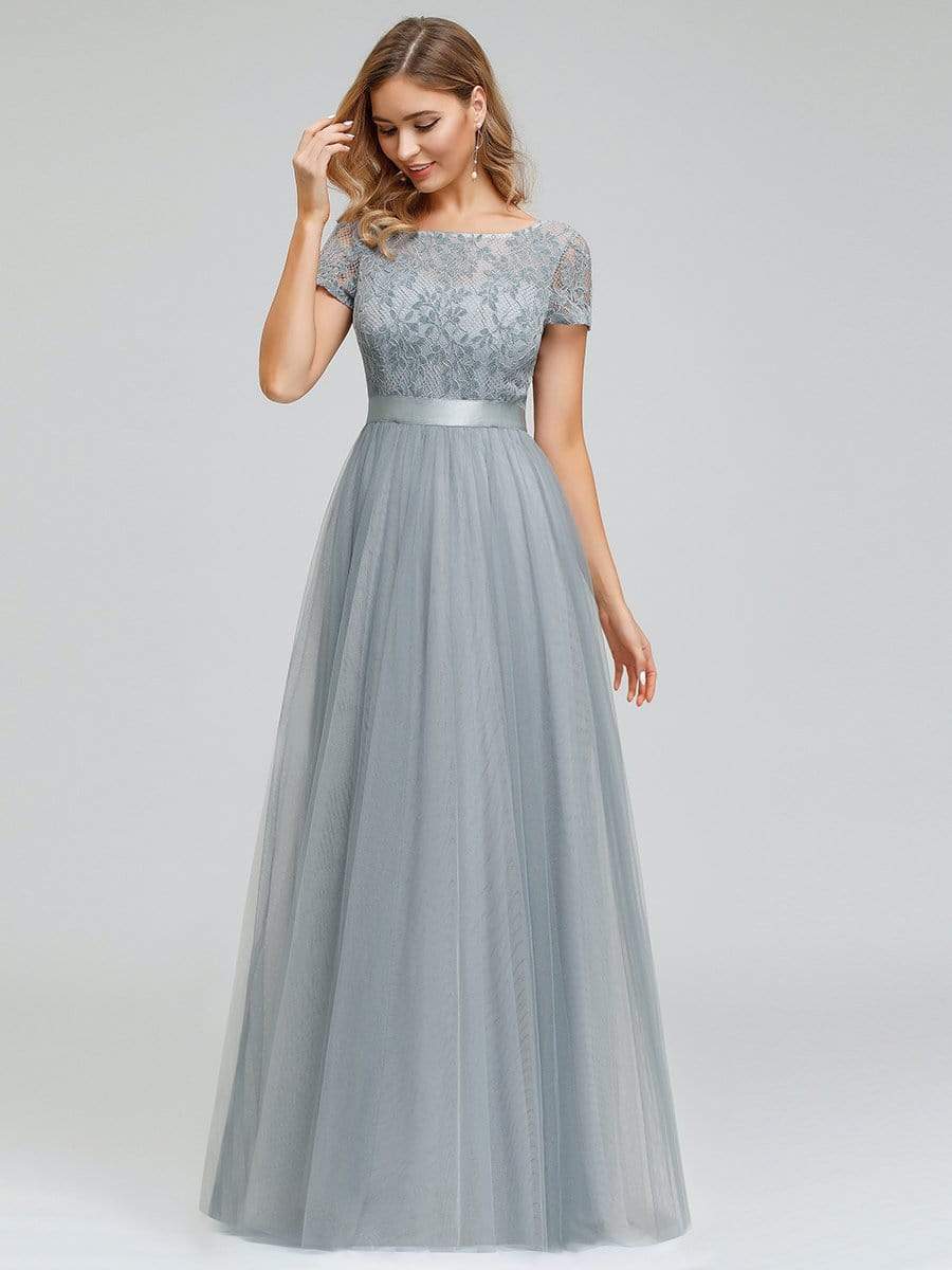 Color=Grey | Women'S A-Line Floral Lace Wedding Party Bridesmaid Dress-Grey 4