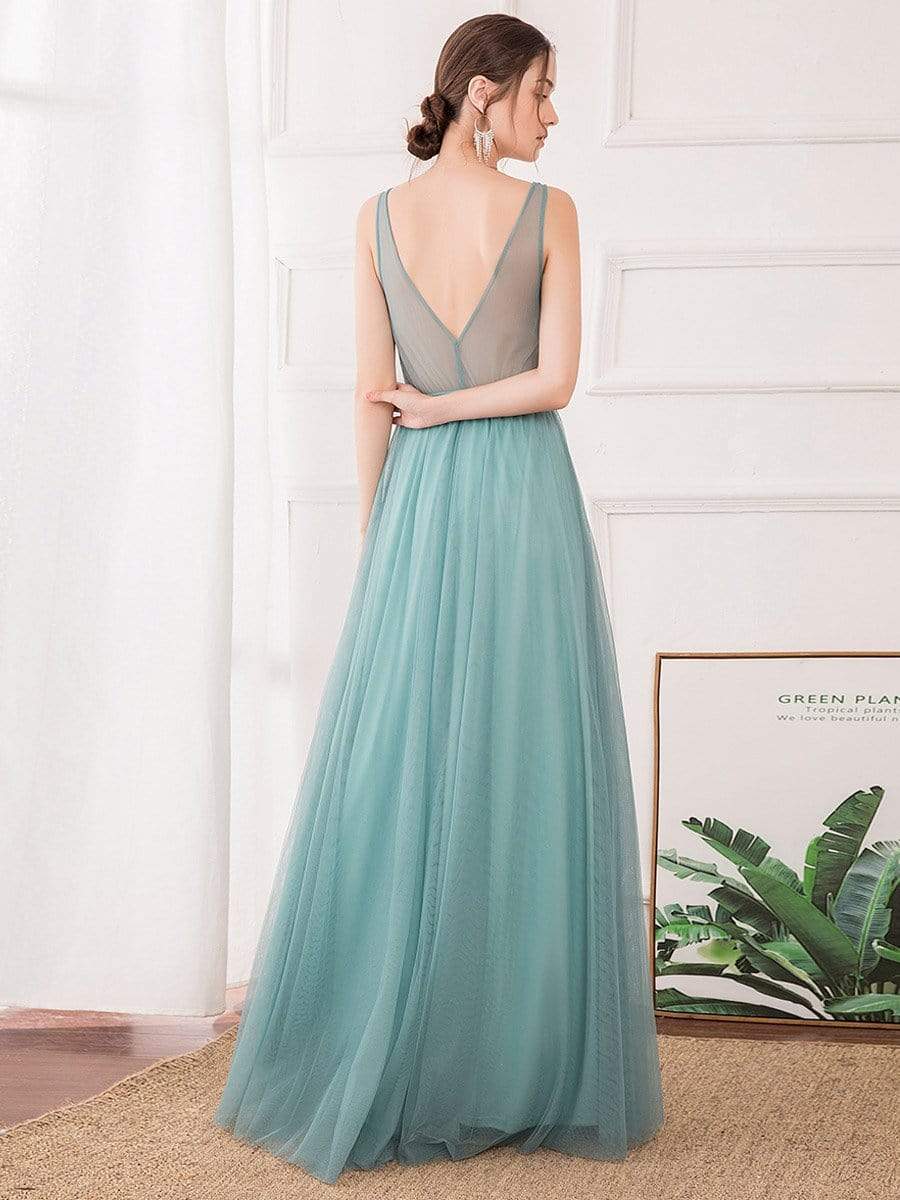 Color=Dusty Blue | Women'S Sexy V-Neck Floor Length Evening Dress-Dusty Blue 2