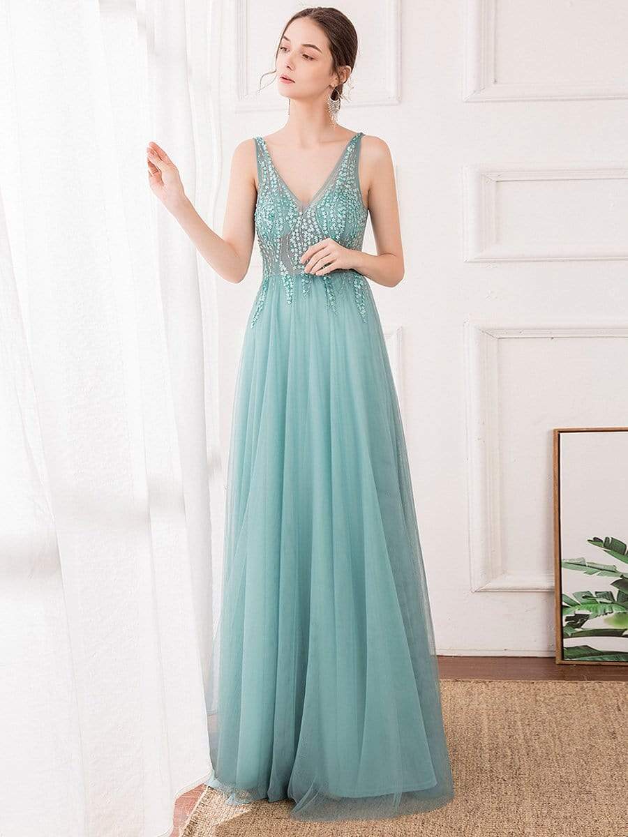 Color=Dusty Blue | Women'S Sexy V-Neck Floor Length Evening Dress-Dusty Blue 3