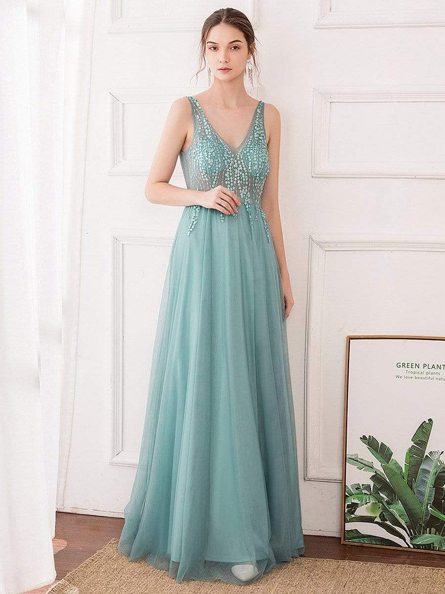 Color=Dusty Blue | Women'S Sexy V-Neck Floor Length Evening Dress-Dusty Blue 1