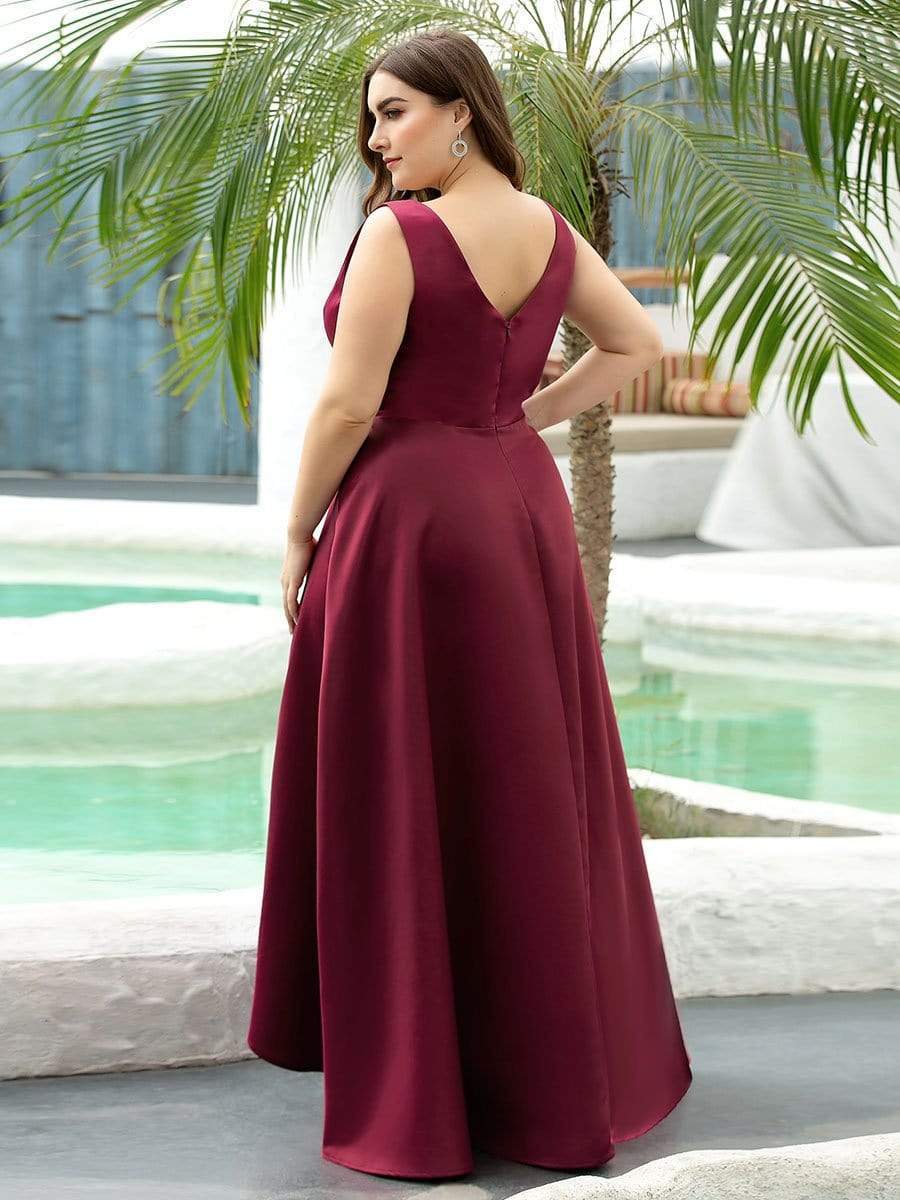 Color=Burgundy | Plus Size Women's V-Neck High Low Cocktail Party Maxi Dress-Burgundy 2