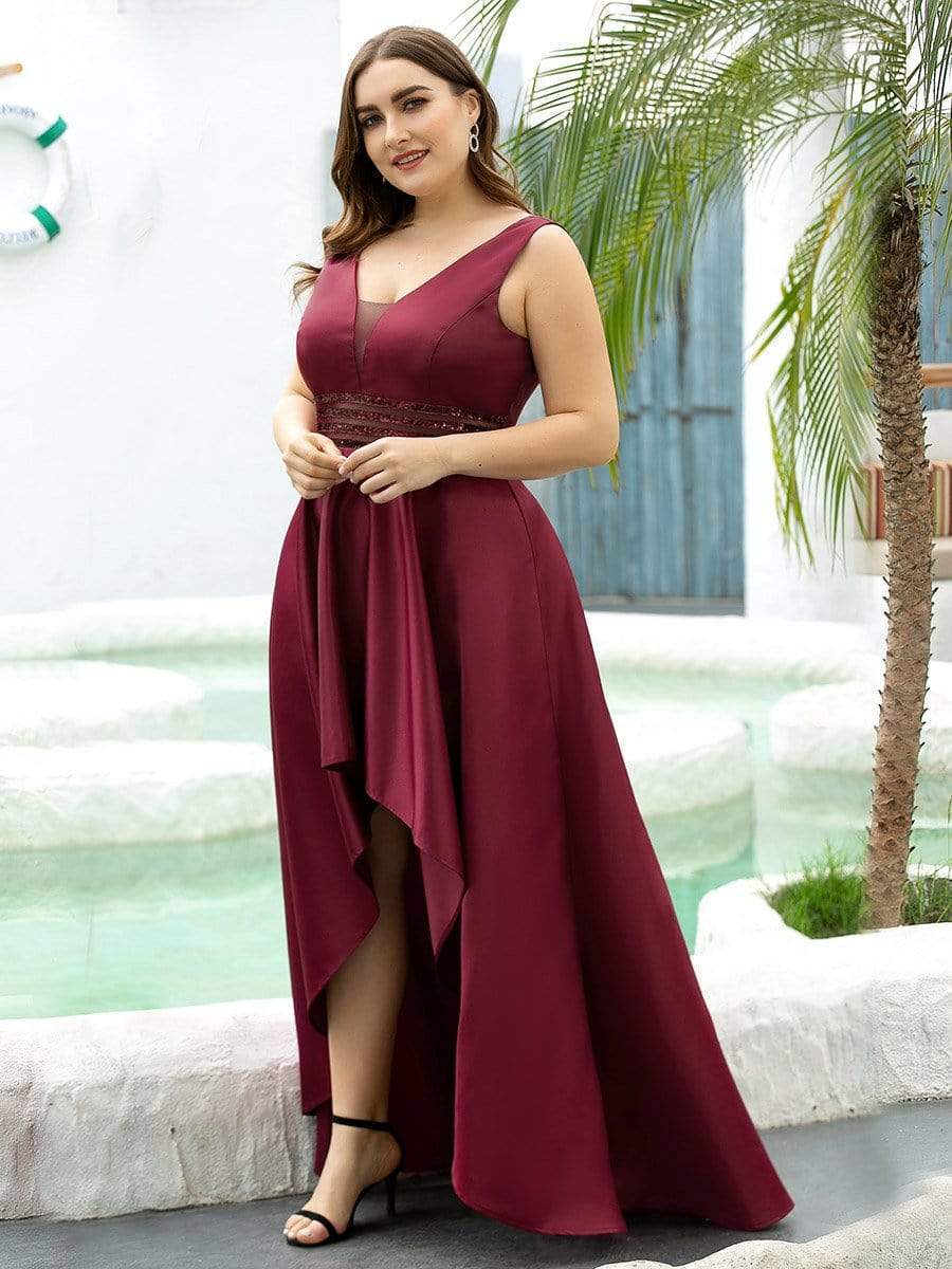 Color=Burgundy | Plus Size Women's V-Neck High Low Cocktail Party Maxi Dress-Burgundy 3