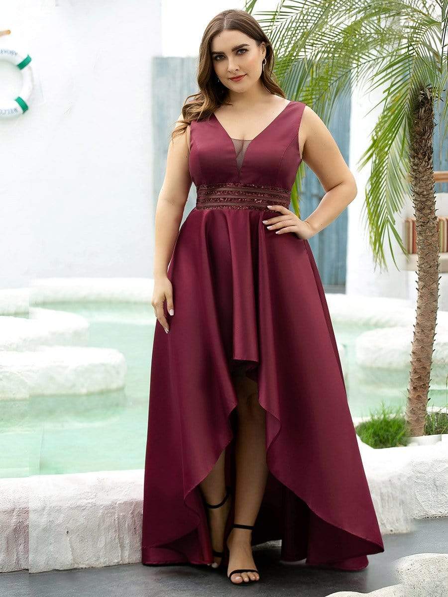 Color=Burgundy | Plus Size Women's V-Neck High Low Cocktail Party Maxi Dress-Burgundy 4