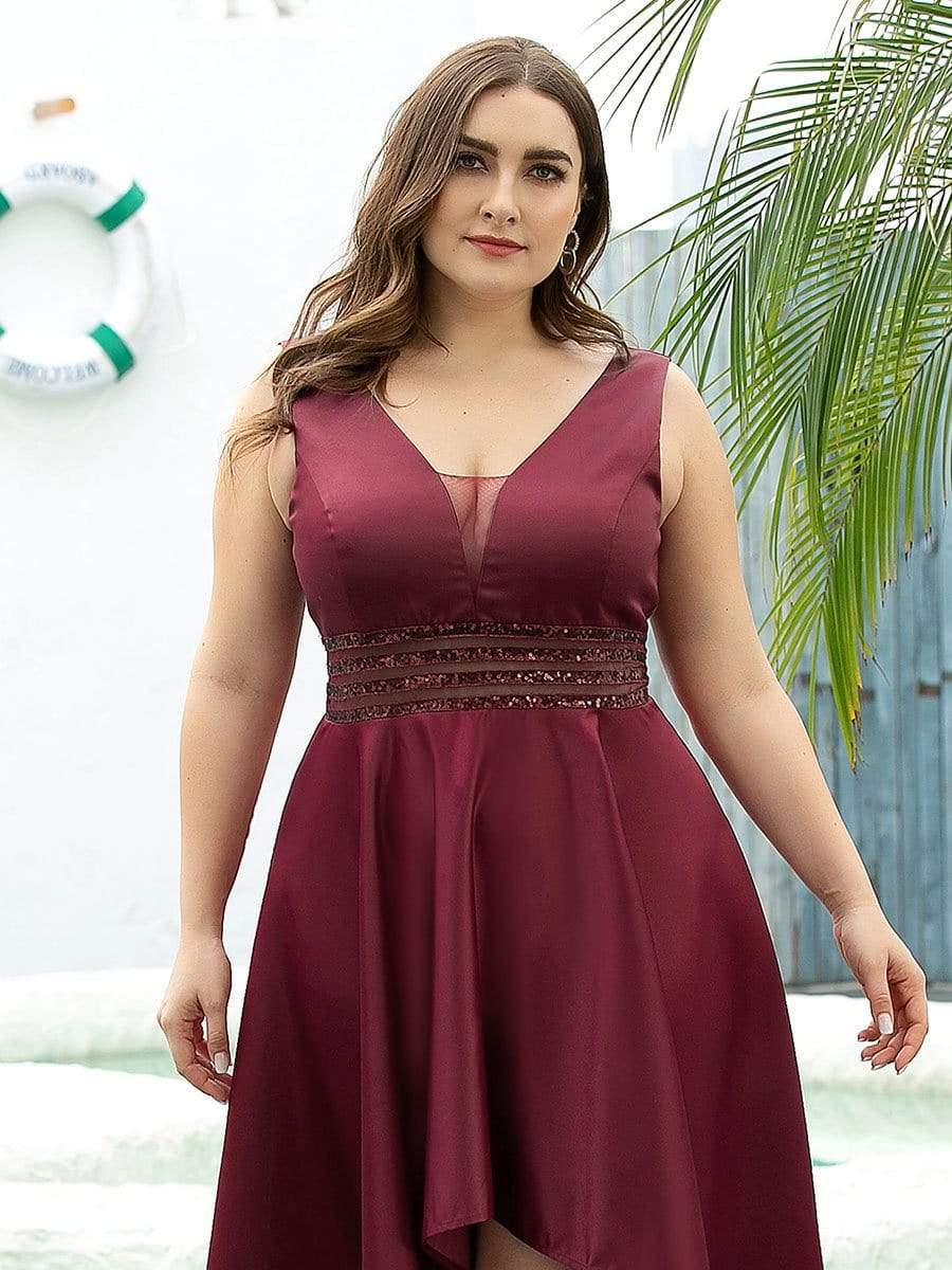 Color=Burgundy | Women'S V-Neck High Low Cocktail Party Maxi Dress-Burgundy 10