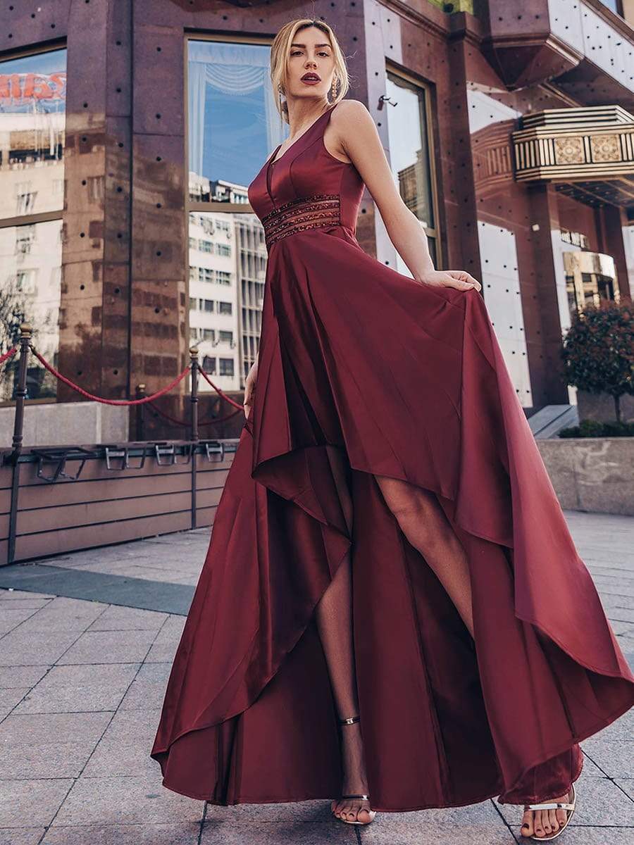 Color=Burgundy | Women'S V-Neck High Low Cocktail Party Maxi Dress-Burgundy 4