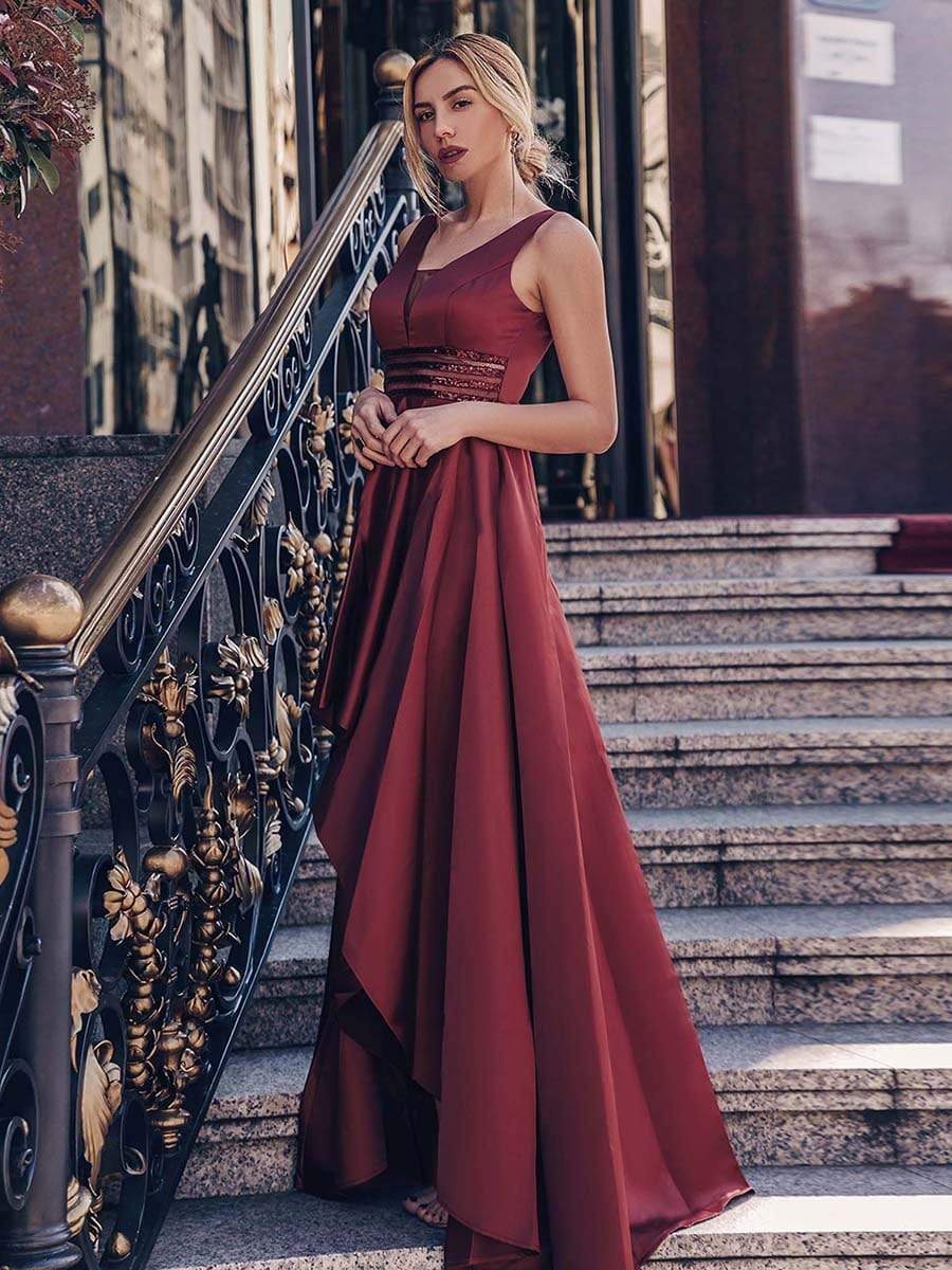 Color=Burgundy | Women'S V-Neck High Low Cocktail Party Maxi Dress-Burgundy 7