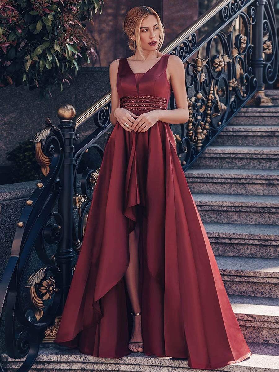 Color=Burgundy | Women'S V-Neck High Low Cocktail Party Maxi Dress-Burgundy 9