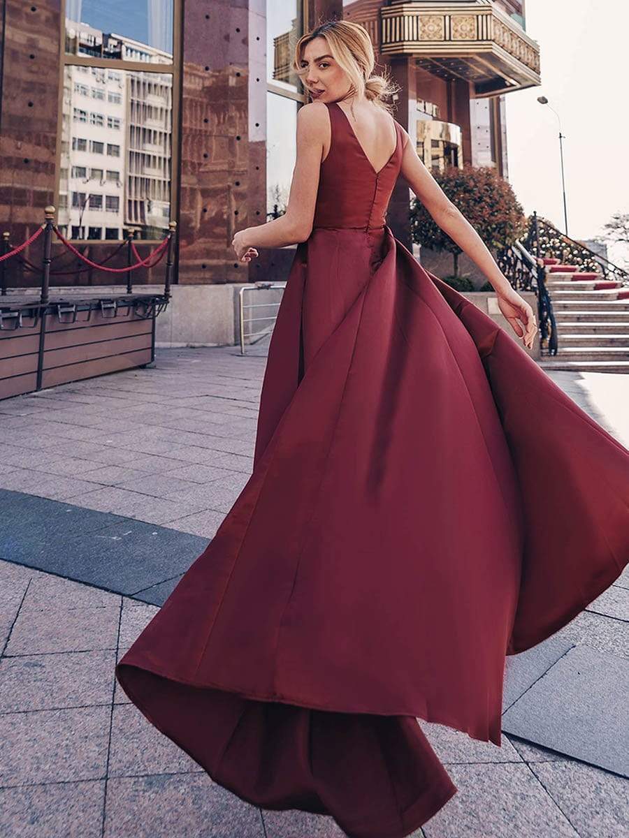 Color=Burgundy | Women'S V-Neck High Low Cocktail Party Maxi Dress-Burgundy 10