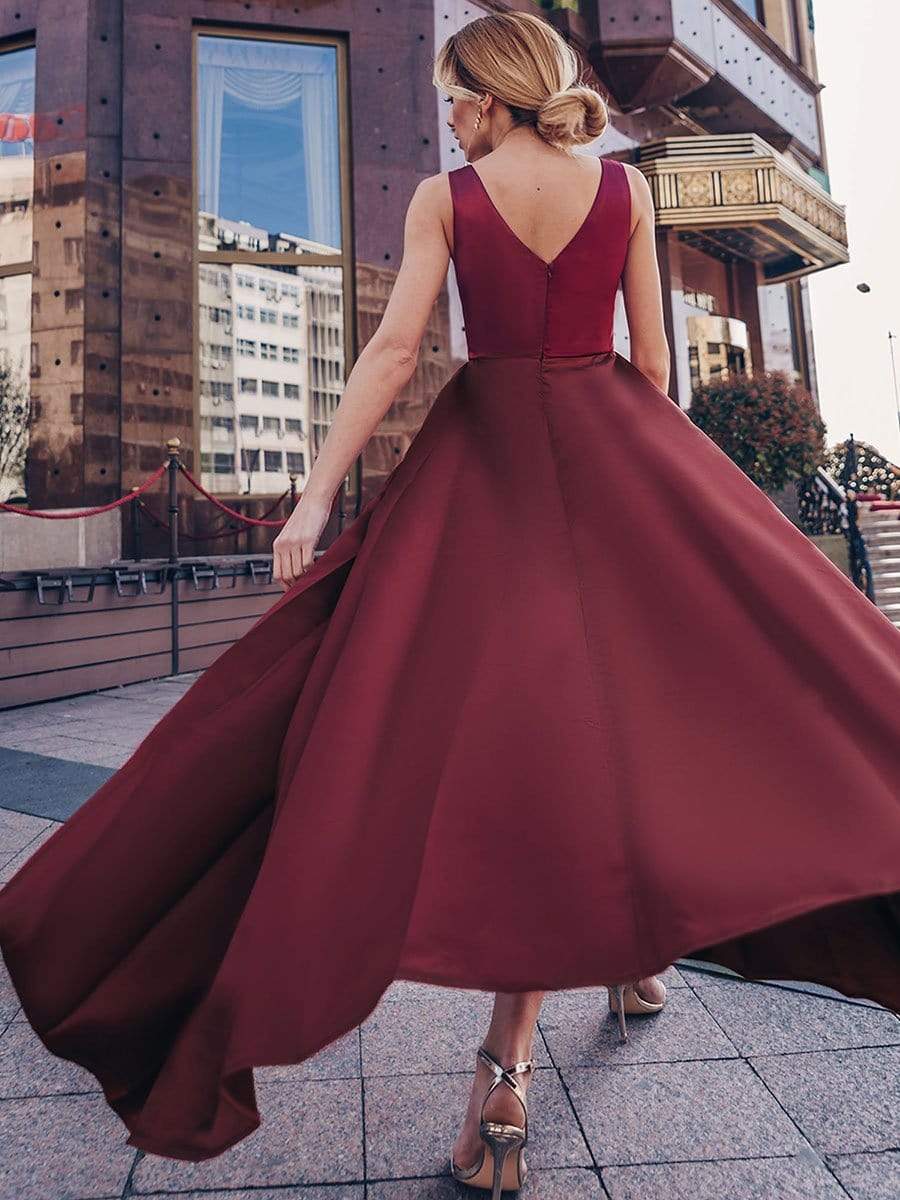 Color=Burgundy | Women'S V-Neck High Low Cocktail Party Maxi Dress-Burgundy 12