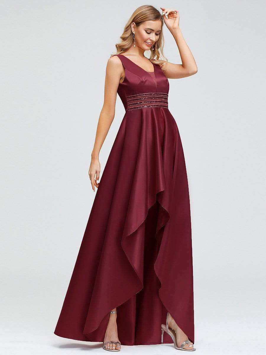 Color=Burgundy | Women'S V-Neck High Low Cocktail Party Maxi Dress-Burgundy 15