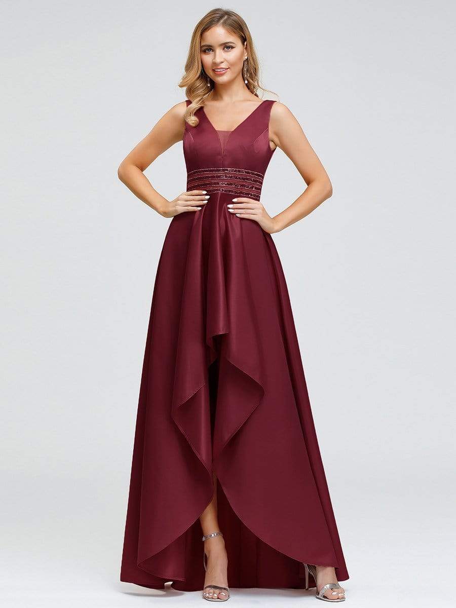 Color=Burgundy | Women'S V-Neck High Low Cocktail Party Maxi Dress-Burgundy 16