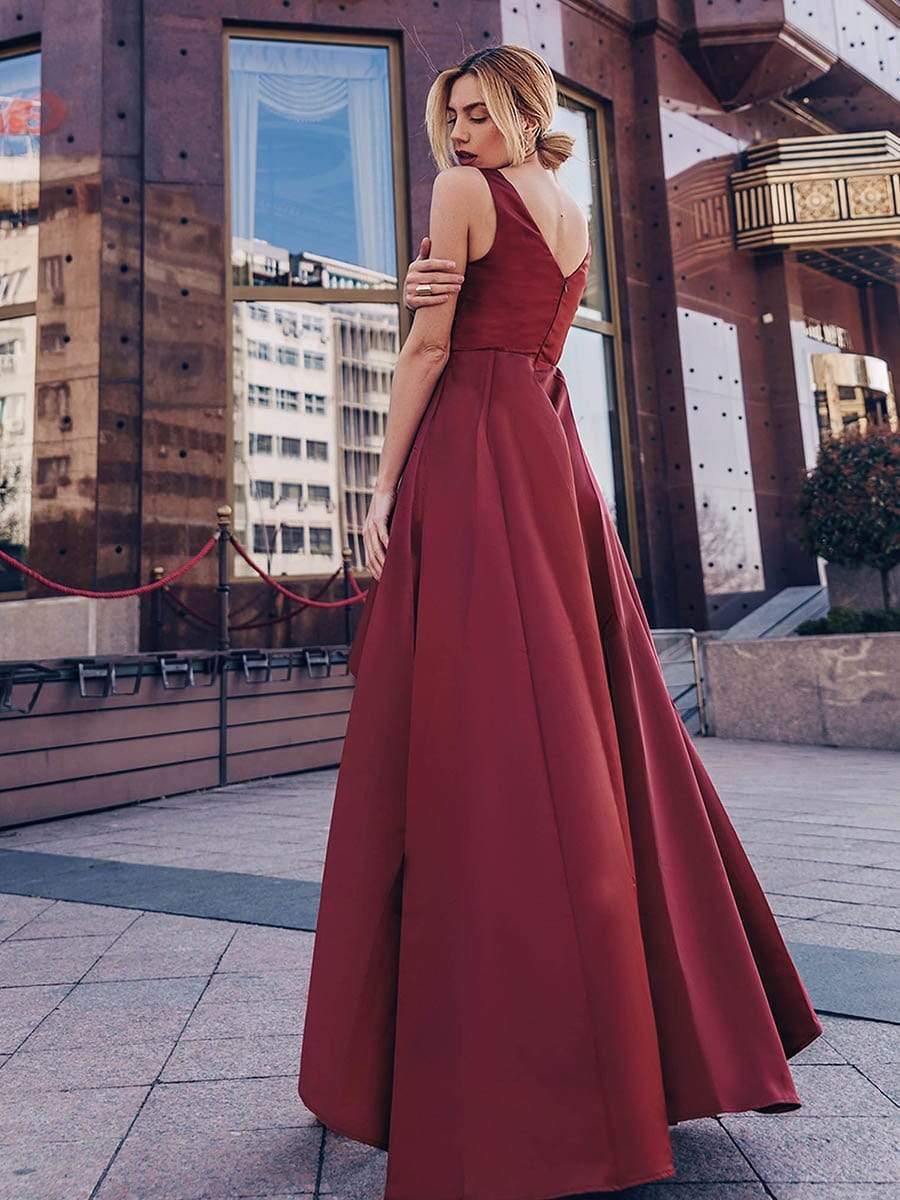 Color=Burgundy | Women'S V-Neck High Low Cocktail Party Maxi Dress-Burgundy 3