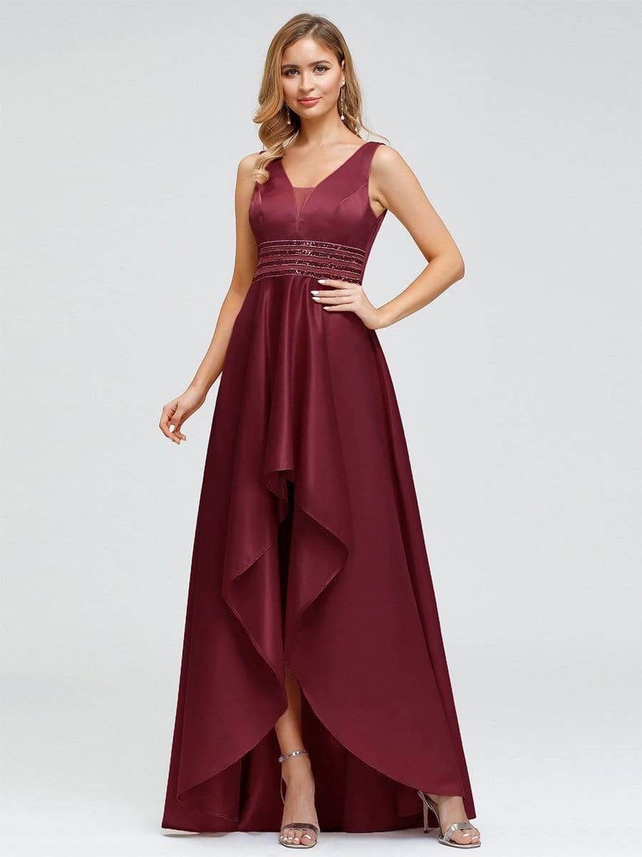 Color=Burgundy | Women'S V-Neck High Low Cocktail Party Maxi Dress-Burgundy 13