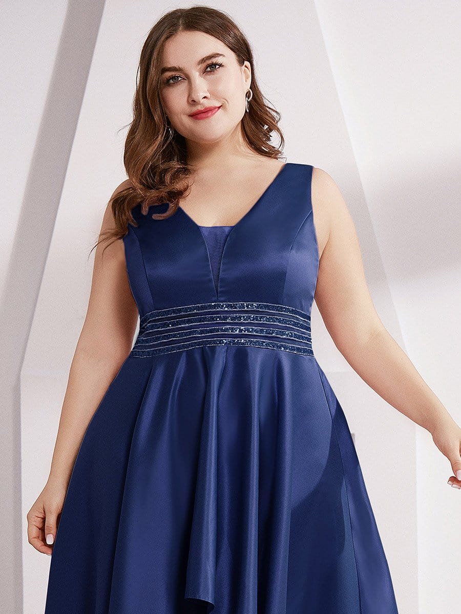 Color=Navy Blue | Plus Size Women's V-Neck High Low Cocktail Party Maxi Dress-Navy Blue 5