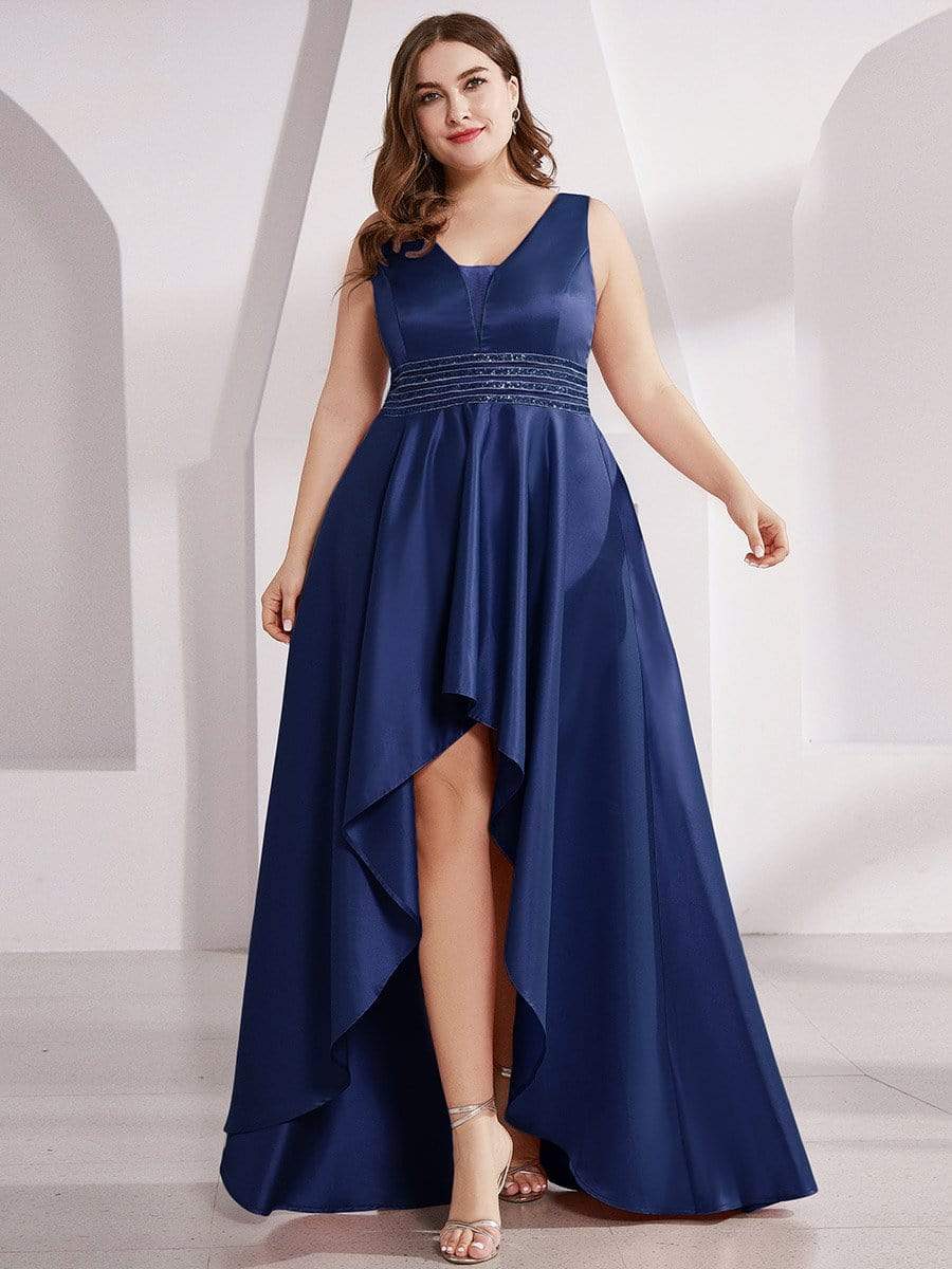 Color=Navy Blue | Plus Size Women's V-Neck High Low Cocktail Party Maxi Dress-Navy Blue 1