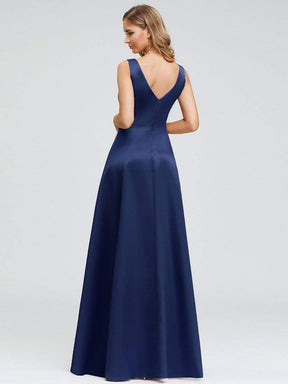 Color=Navy Blue | Women's V-Neck High Low Cocktail Party Maxi Dress-Navy Blue 2