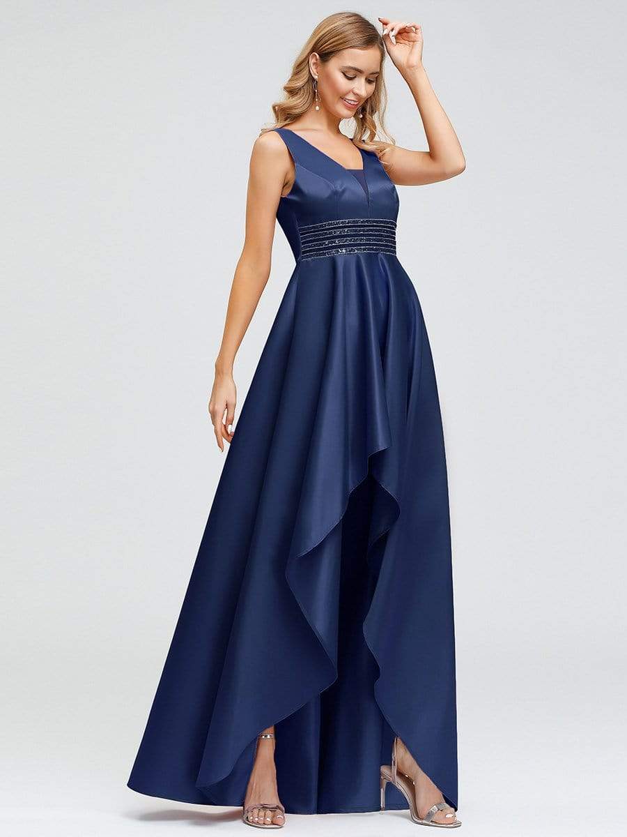 Color=Navy Blue | Women's V-Neck High Low Cocktail Party Maxi Dress-Navy Blue 3