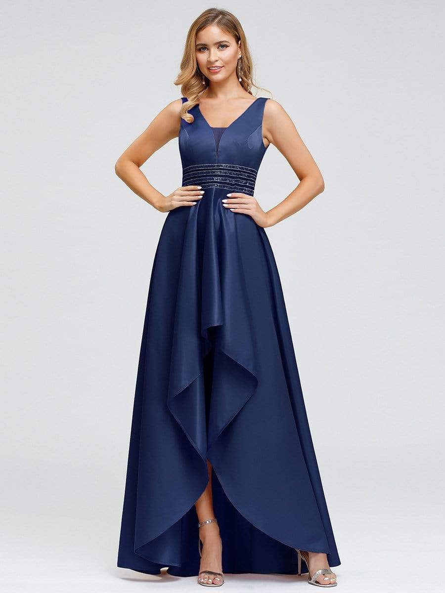 Color=Navy Blue | Women's V-Neck High Low Cocktail Party Maxi Dress-Navy Blue 4