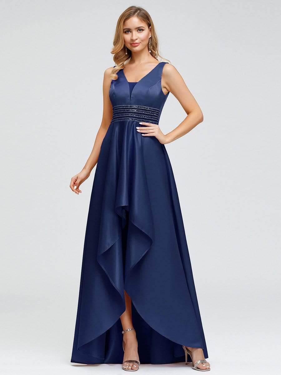 Color=Navy Blue | Women's V-Neck High Low Cocktail Party Maxi Dress-Navy Blue 1