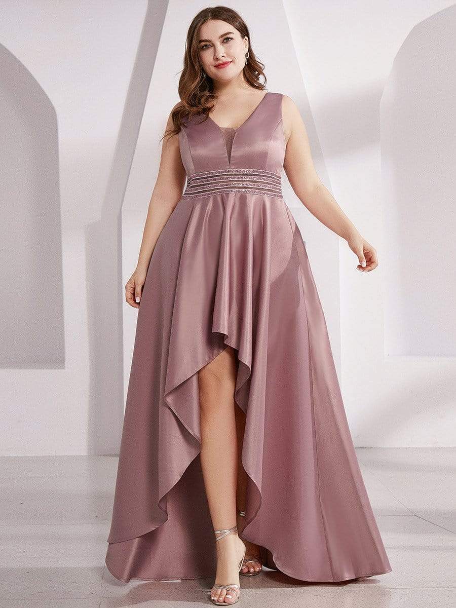 Color=Purple Orchid |Plus Size Women's V-Neck High Low Cocktail Party Maxi Dress-Purple Orchid 1