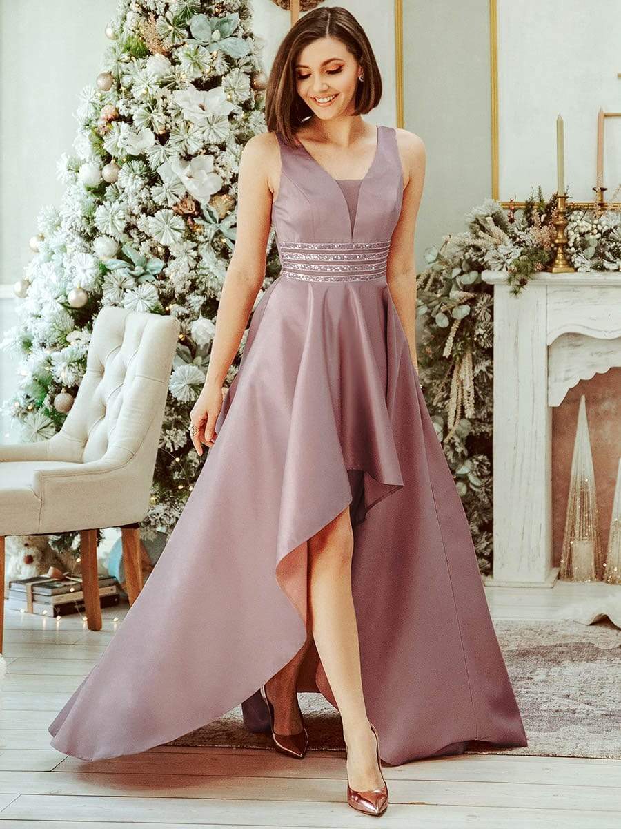 Color=Purple Orchid | Women's V-Neck High Low Cocktail Party Maxi Dress-Purple Orchid 1