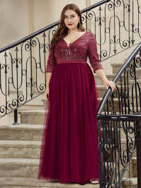Color=Burgundy | Plus Size Women'S Fashion V-Neck Floor Length Evening Dress-Burgundy 3