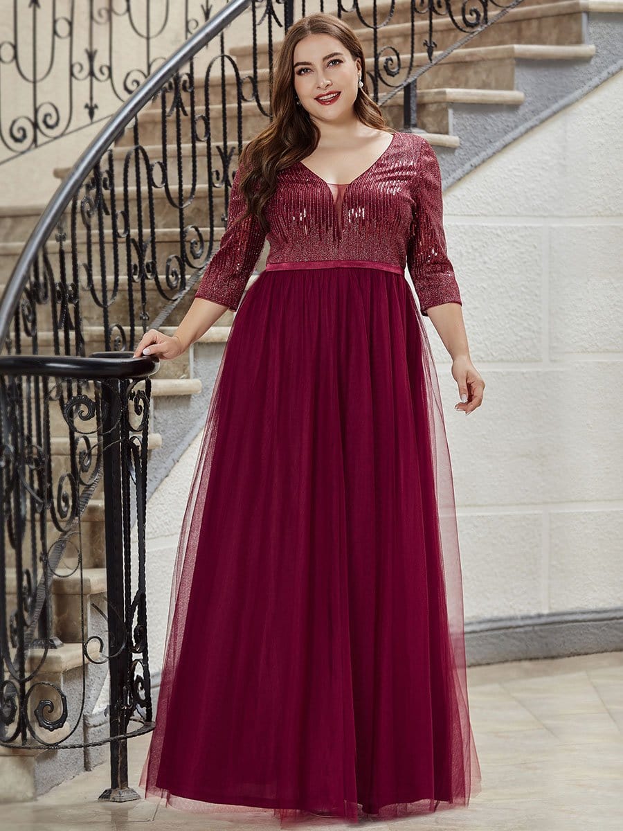 Color=Burgundy | Women'S Fashion V-Neck Floor Length Evening Dress-Burgundy 9