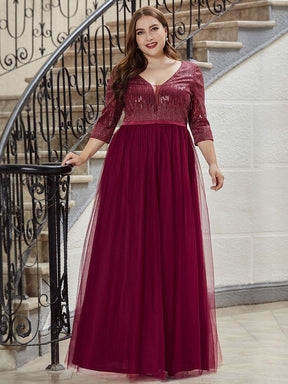 Color=Burgundy | Plus Size Women'S Fashion V-Neck Floor Length Evening Dress-Burgundy 4