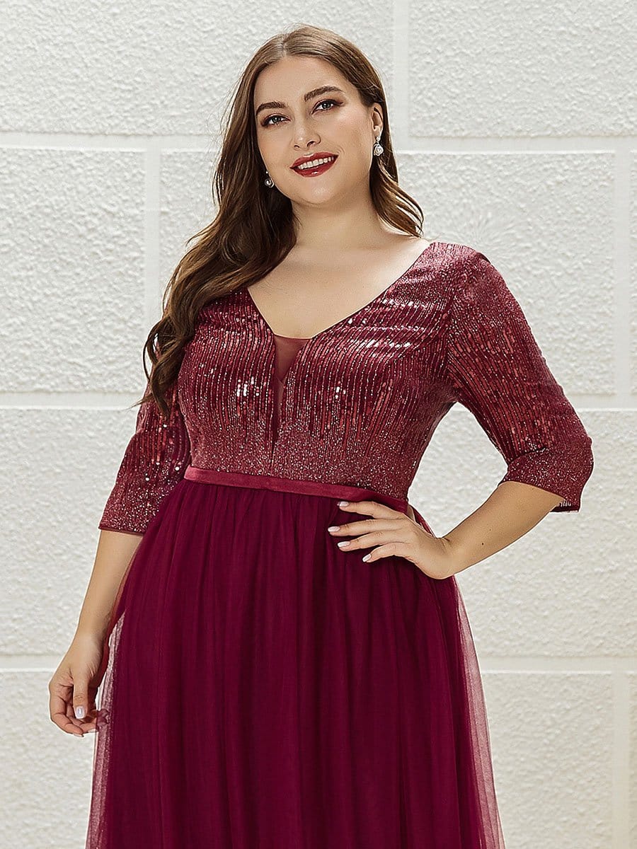 Color=Burgundy | Plus Size Women'S Fashion V-Neck Floor Length Evening Dress-Burgundy 5