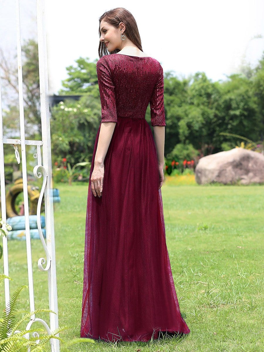 Color=Burgundy | Women'S Fashion V-Neck Floor Length Evening Dress-Burgundy 2