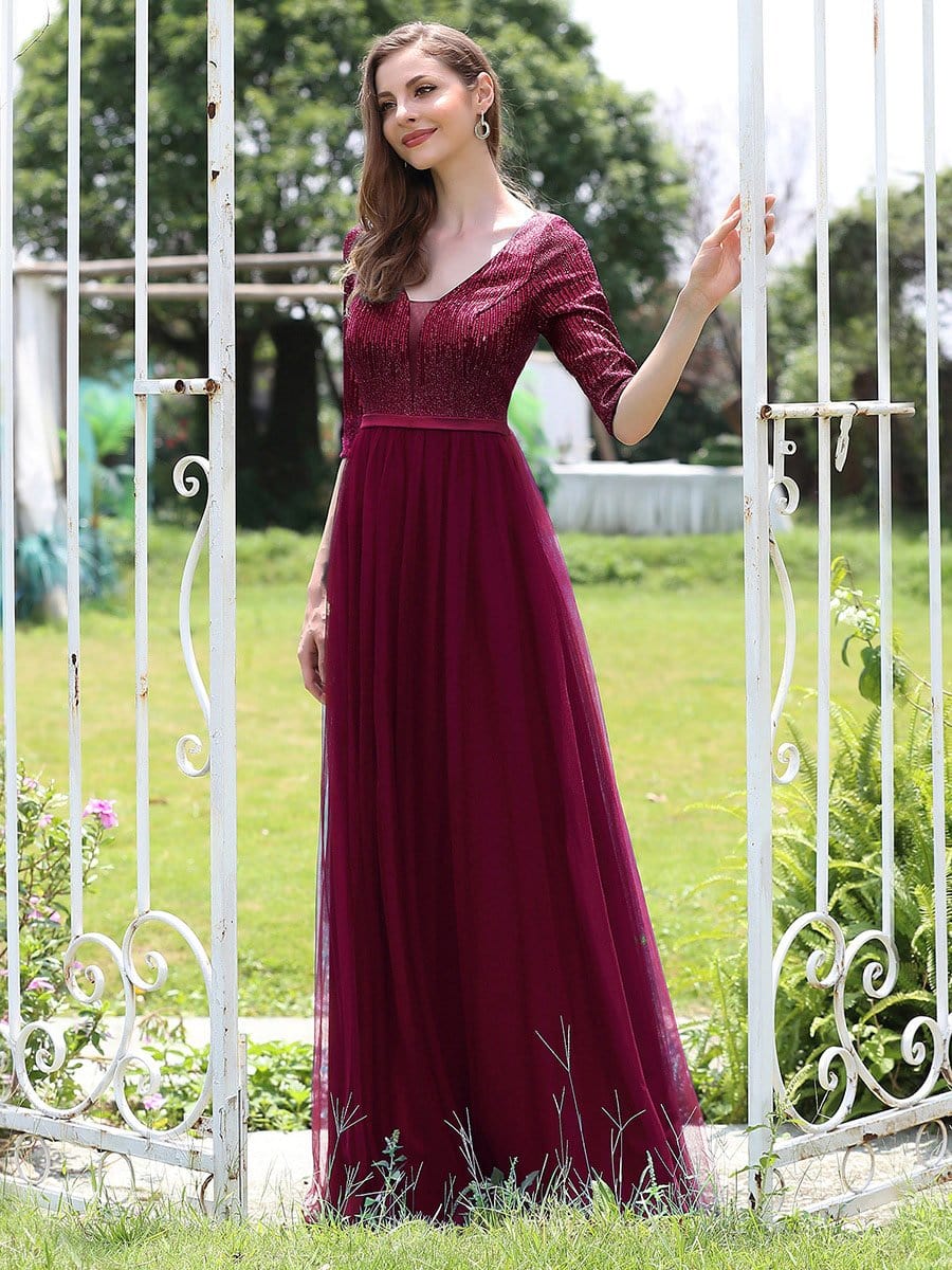 Color=Burgundy | Women'S Fashion V-Neck Floor Length Evening Dress-Burgundy 3