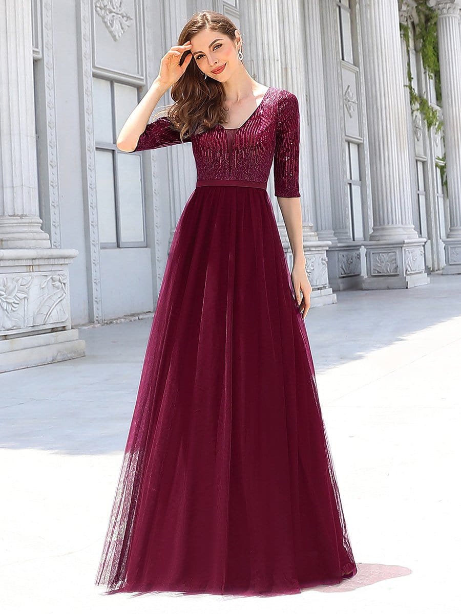 Color=Burgundy | Women'S Fashion V-Neck Floor Length Evening Dress-Burgundy 4